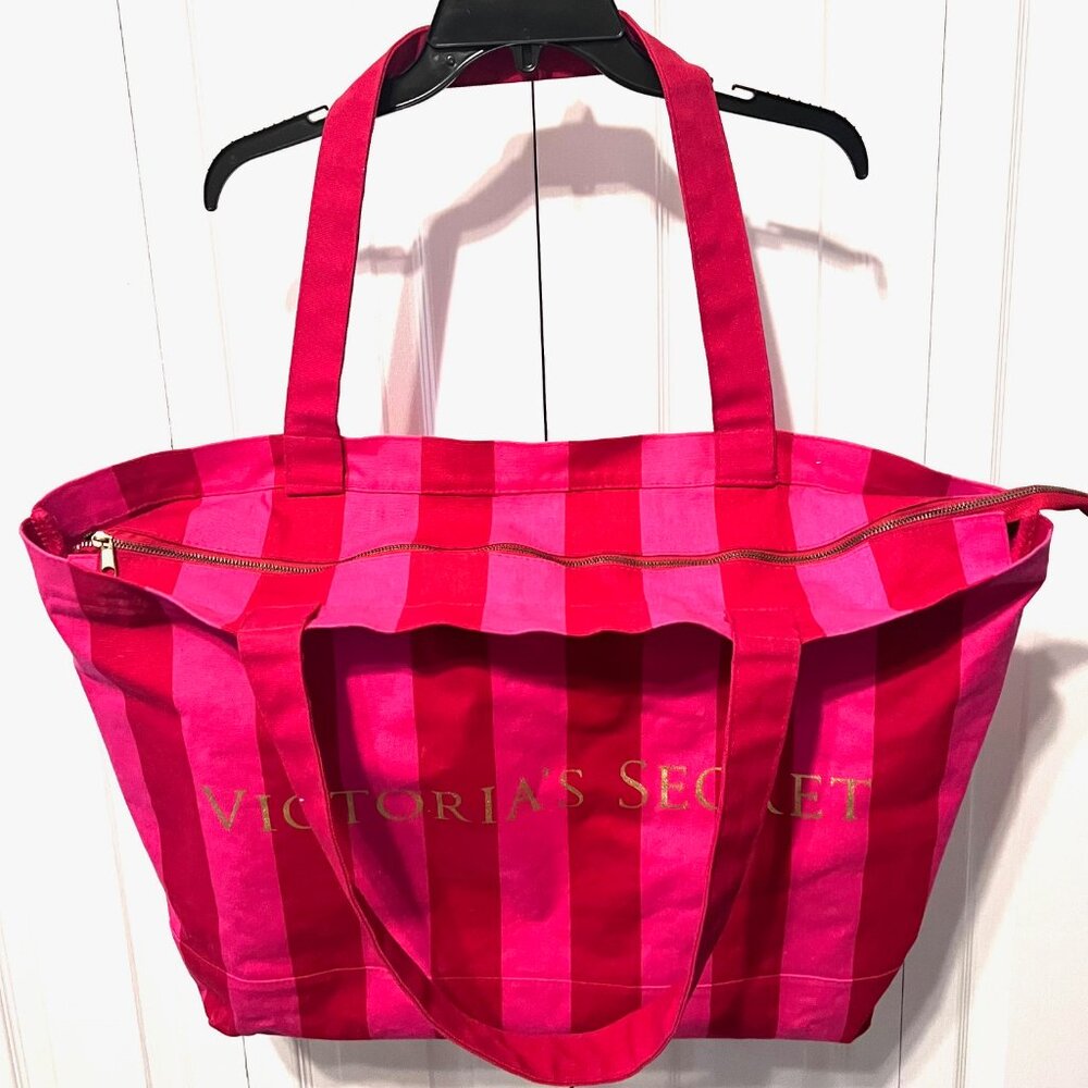 Victoria's Secret Iconic Pink/Red/Gold Striped Canvas Large Tote-Bonus Small One - Picture 9 of 16